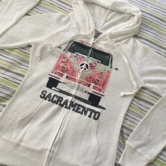 White Sheer Sacramento California Peace Bus Hoodie - Picture 1 of 8